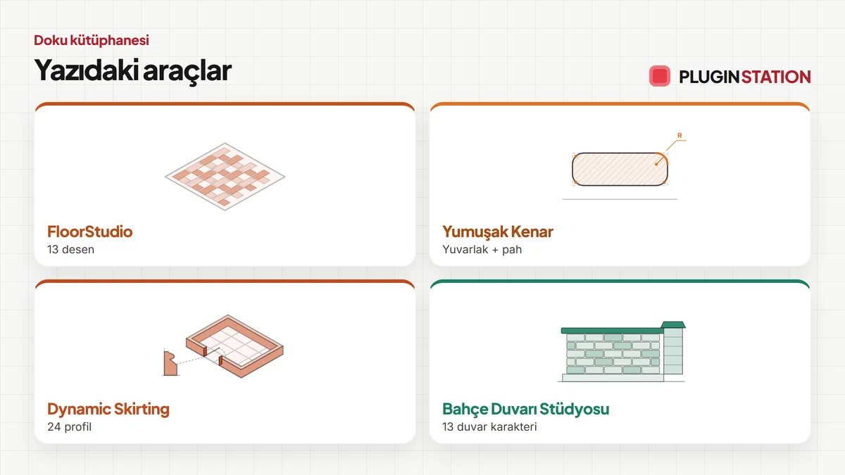 Bu yazıda anlatılan araçlar: FloorStudio, Yumuşak Kenar, Dynamic Skirting, Bahçe Duvarı Stüdyosu