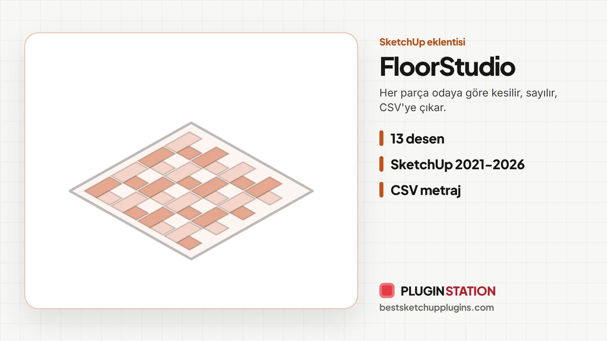 FloorStudio: 13 desen, SketchUp 2021-2026, CSV metraj