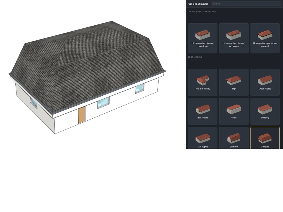 ArchiFlow Studio — 20 çatı modeli, her biri tek tıkla.