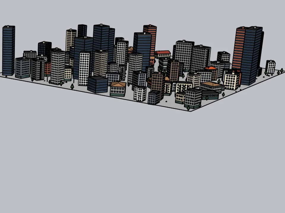 CityFill ile tek bir arsaya serpiştirilmiş, alçak evlerden kulelere onlarca çevre binası, SketchUp