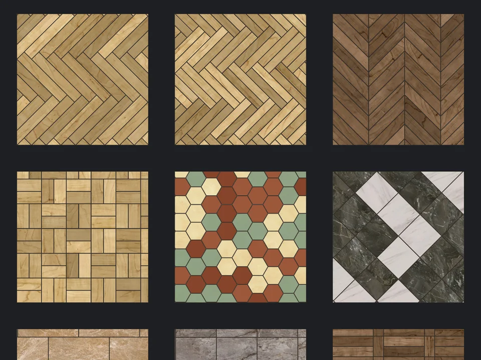 FloorStudio — 13 patterns, from herringbone to hexagon.