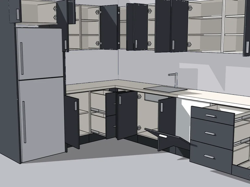 KitchenFun Studio — Kapakları aç: raf, ray, menteşe yerinde