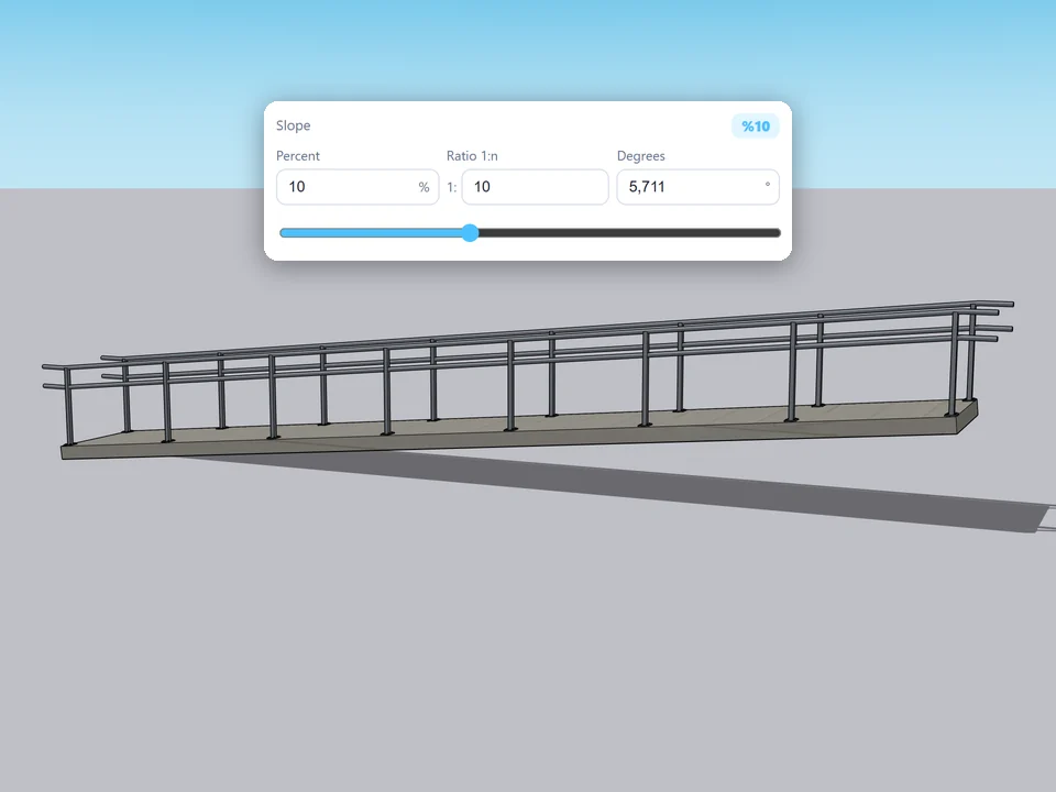 Ramp Studio — %, 1:n or degrees: the slope stays in sync.