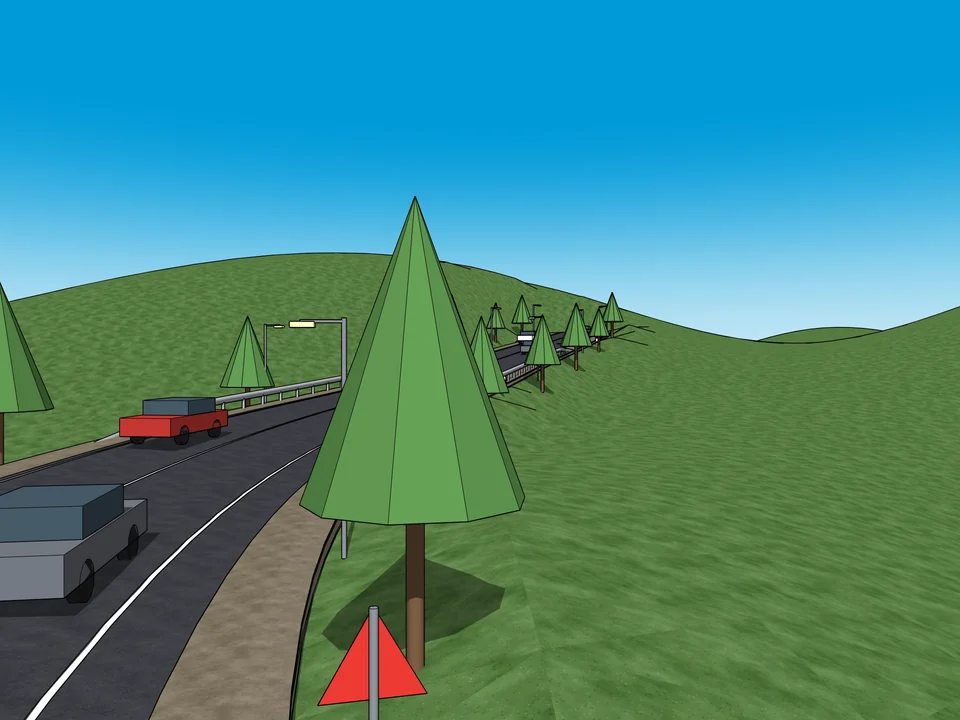 RoadFlow — Trees, guardrail, traffic: built along the road.