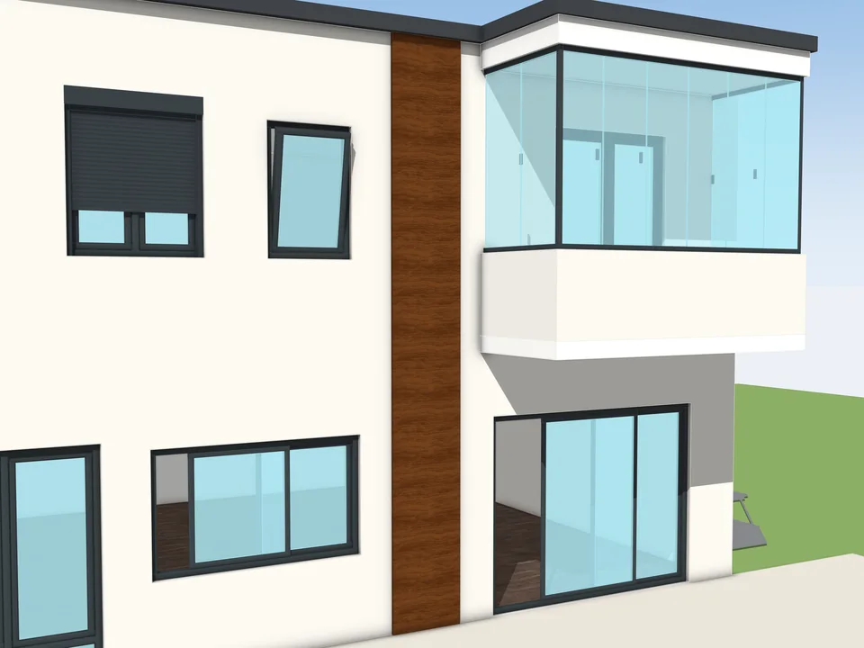 SketchUp'ta iki katlı bir ev ve WindowFun Studio pencereleri: çift kanatlı pencerenin üstünde panjur, açık vasistas, köşede cam balkon, geniş sürme pencere ve sürme kapılar