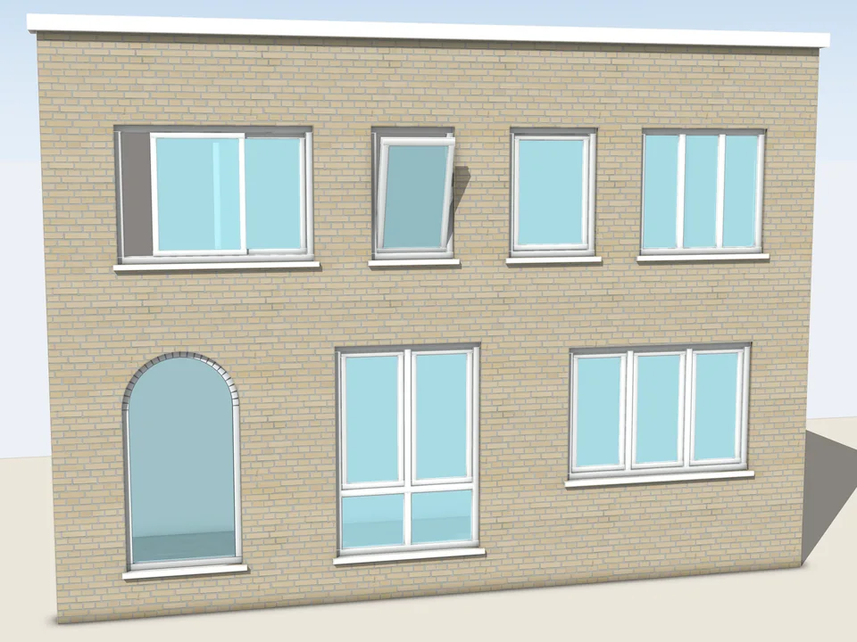 SketchUp'ta tuğla bir cephede WindowFun Studio pencereleri: sürme pencere, açık hâlde vasistas, sabit cam, üç bölmeli pencere, kemerli pencere, alt camlı Fransız pencere ve üç kanatlı pencere