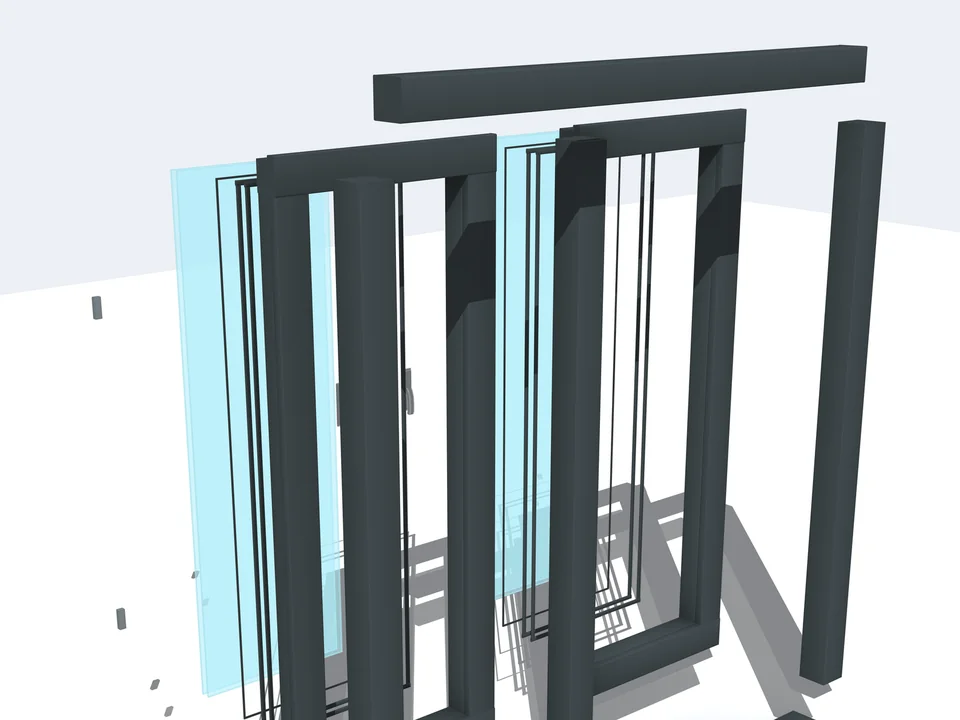 SketchUp'ta patlatılmış bir WindowFun Studio penceresi: antrasit kasa parçaları, iki kanat, cam levhalar ve ince fitil profilleri birbirinden ayrılmış
