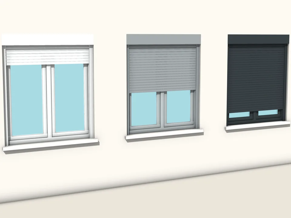 Beyaz, gri ve antrasit panjurlu üç WindowFun Studio çift kanatlı penceresi; panjurlar farklı yüksekliklere indirilmiş