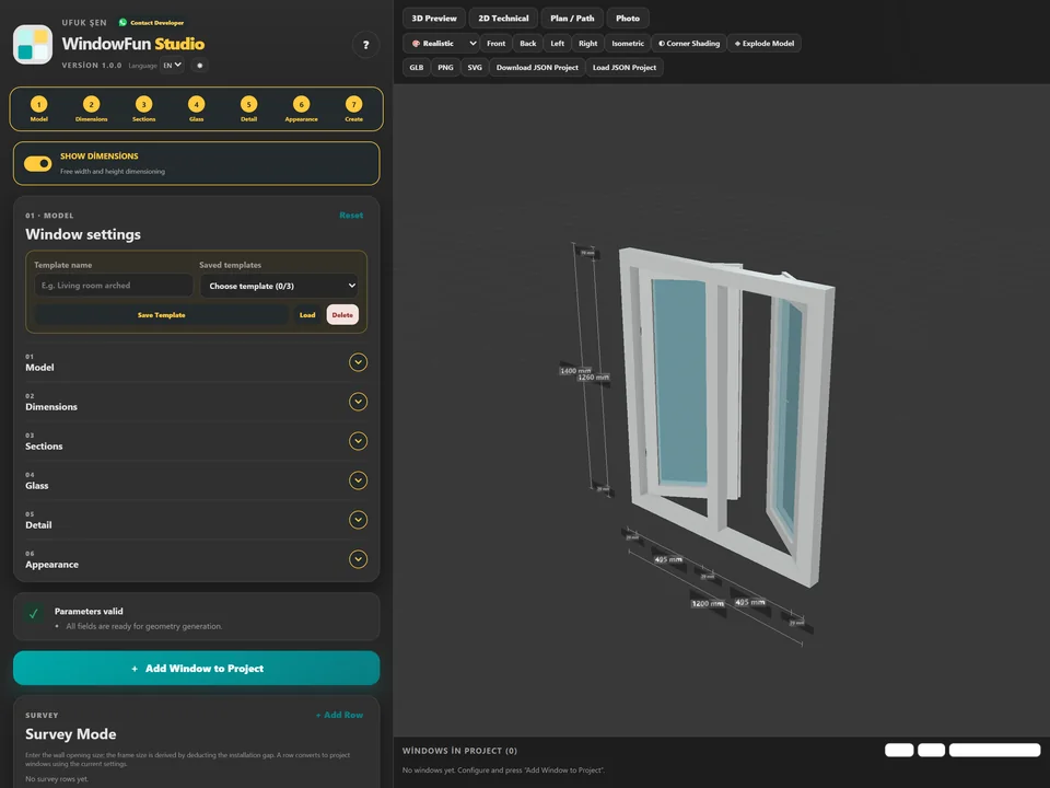 WindowFun Studio Web — Ölçüyü yaz, pencere 3B’de canlı kurulsun.